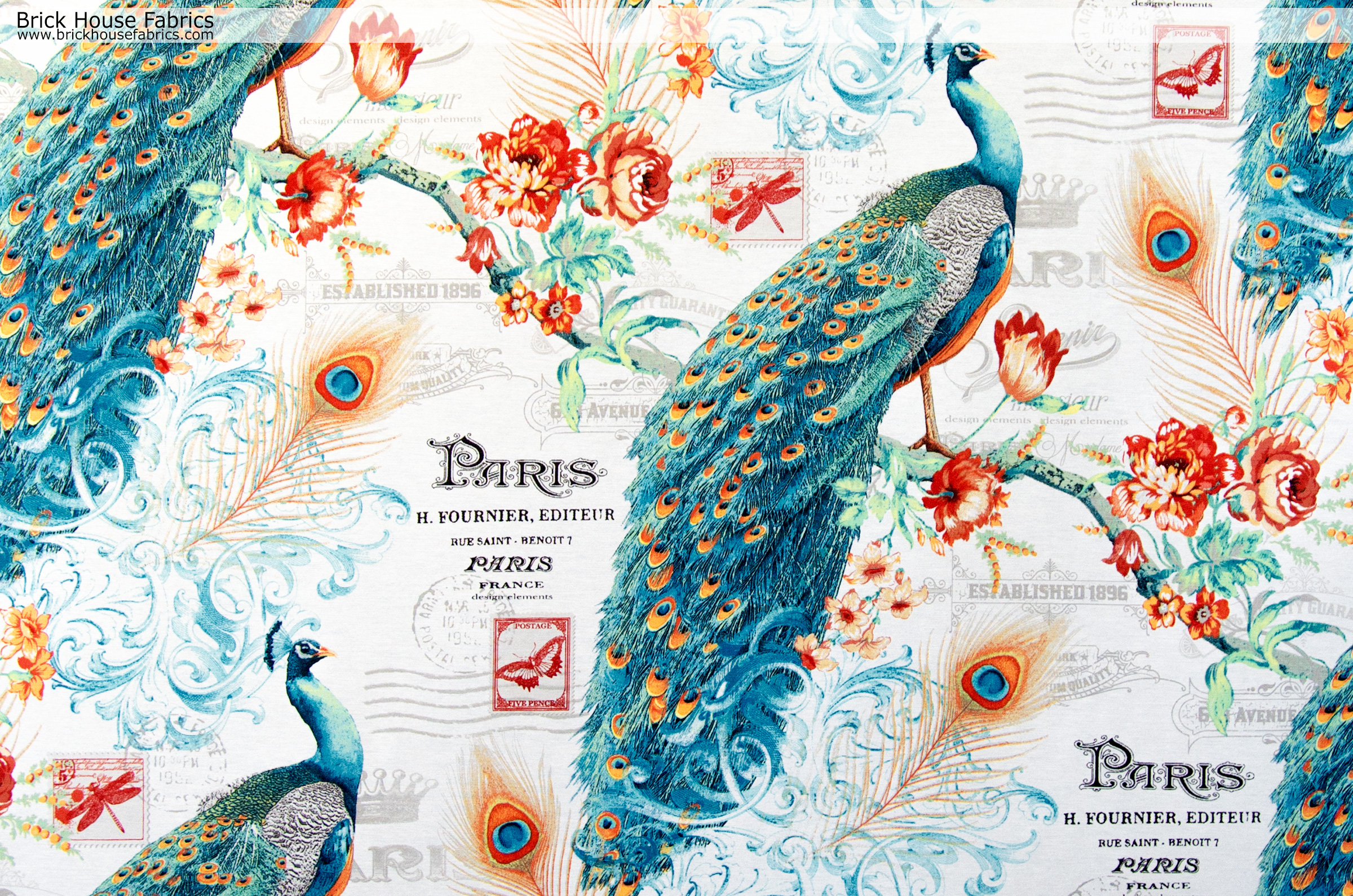 Peacock fabric Paris French letter butterfly stamp