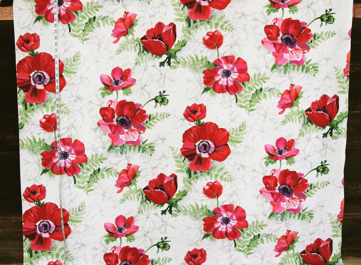 Red orange purple pink anemone fabric floral watercolor
