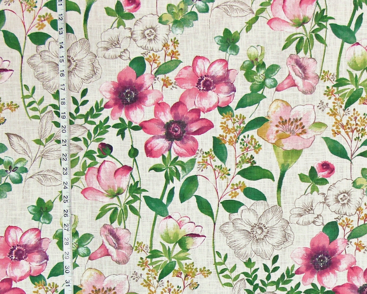 Pink  floral fabric toile anemone meadow gentian nature watercolor