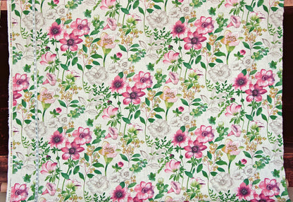 Pink  floral fabric toile anemone meadow gentian nature watercolor