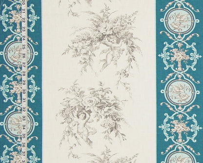 A close-up of a toile patterned fabric or wallpaper showing a central cream field with gray floral and cherub motifs, bordered by teal vertical bands with ornate white decorative cartouches and small circular medallions.