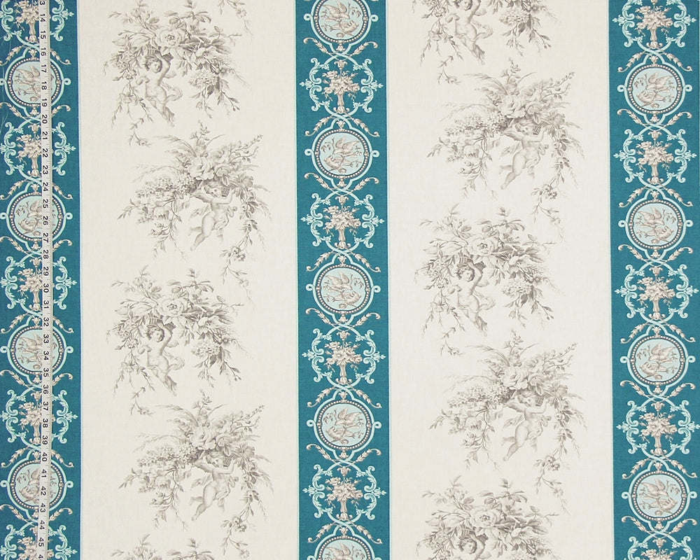 A close-up of a toile patterned wallpaper or fabric featuring vertical stripes with teal blue ornate borders and beige-gray floral bouquets on an off-white background.