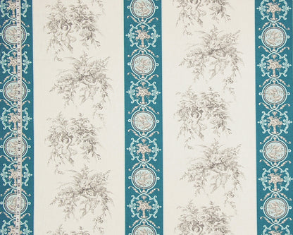 A close-up of a toile patterned wallpaper or fabric featuring vertical stripes with teal blue ornate borders and beige-gray floral bouquets on an off-white background.
