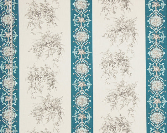 A close-up of a toile patterned wallpaper or fabric featuring vertical stripes with teal blue ornate borders and beige-gray floral bouquets on an off-white background.