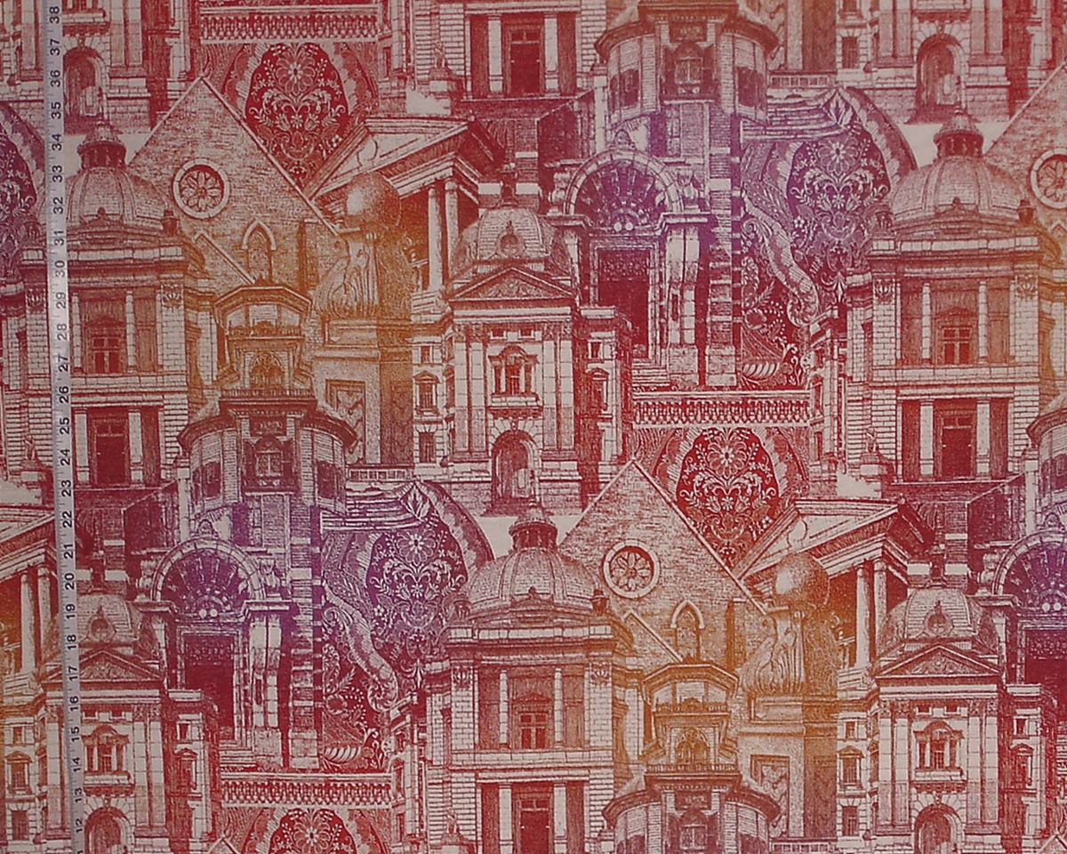 Pattern of architectural buildings in a collage style with a red and brown color scheme.