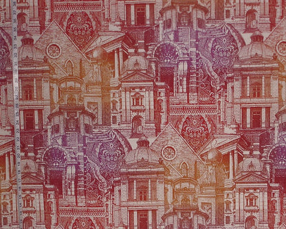 Pattern of architectural buildings in a collage style with a red and brown color scheme.