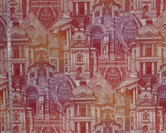 Pattern of architectural buildings in a collage style with a red and brown color scheme.