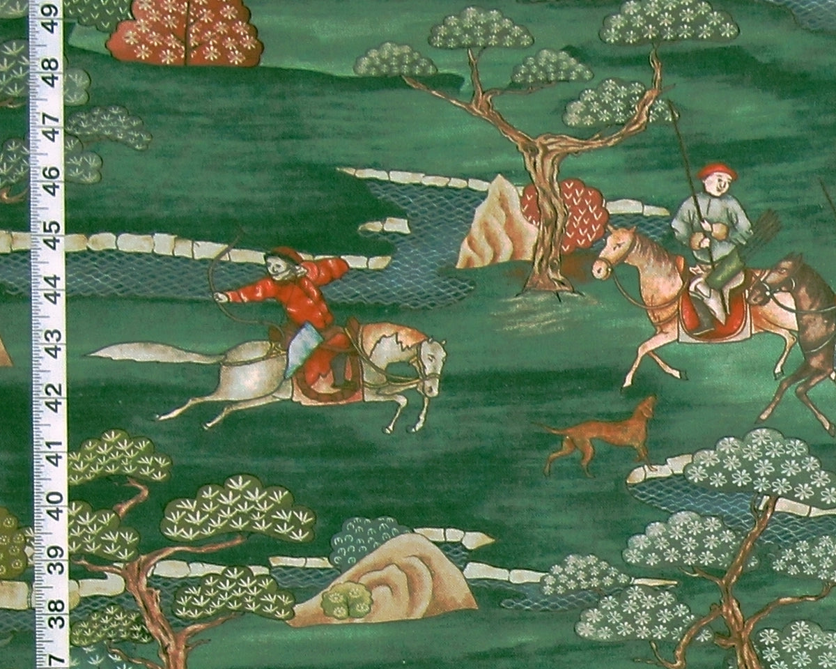 Asian hunting chinoiserie fabric green toile