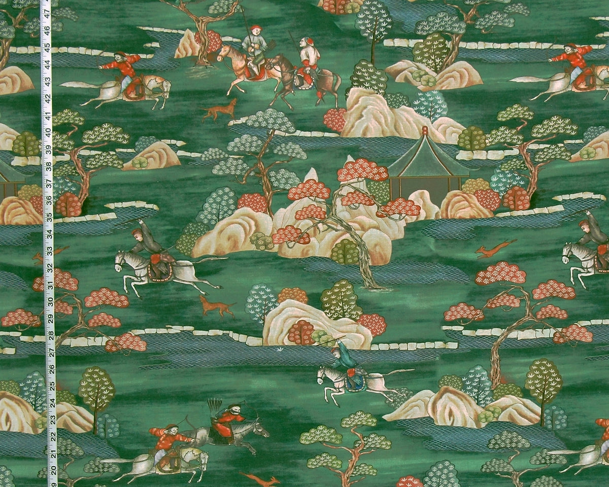 Asian hunting chinoiserie fabric green toile