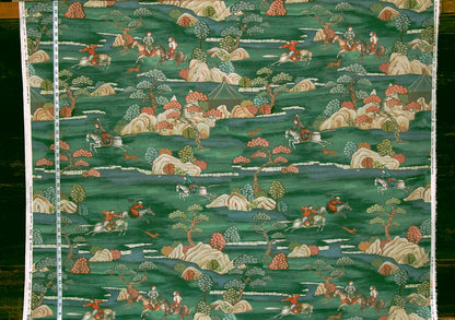 Asian hunting chinoiserie fabric green toile