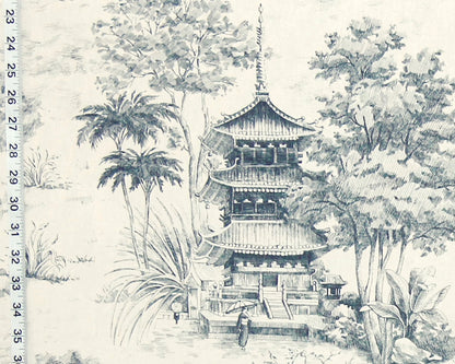 Blue pagoda toile fabric tropical Asian chinoiserie