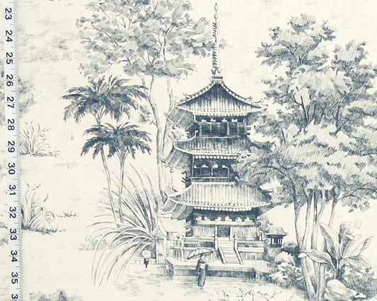 Blue pagoda toile fabric tropical Asian chinoiserie