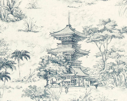 Blue pagoda toile fabric tropical Asian chinoiserie