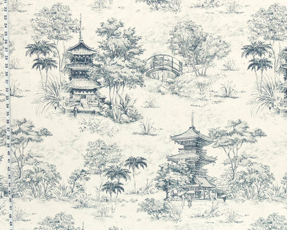 Blue pagoda toile fabric tropical Asian chinoiserie