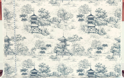 Blue pagoda toile fabric tropical Asian chinoiserie