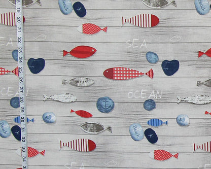 Beach fabric sea shore weathered boards red blue wooden ocean fish