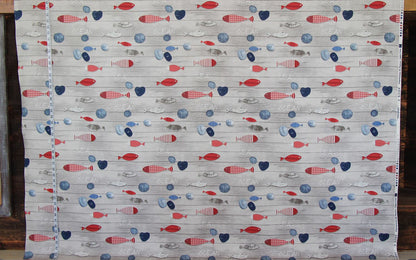 Beach fabric sea shore weathered boards red blue wooden ocean fish