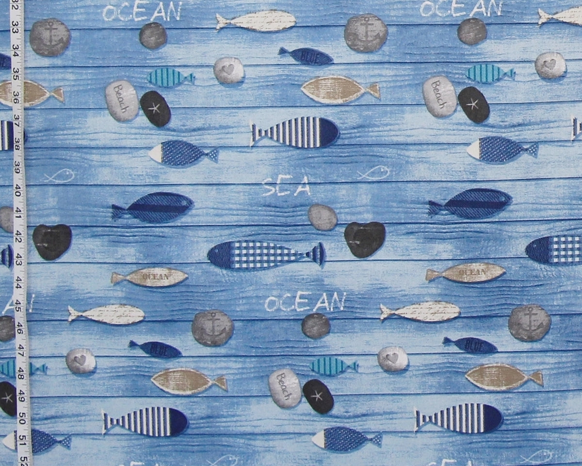 Blue beach fabric sea shore weathered boards wooden ocean fish