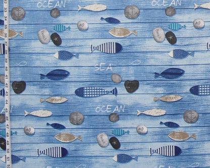 Blue beach fabric sea shore weathered boards wooden ocean fish