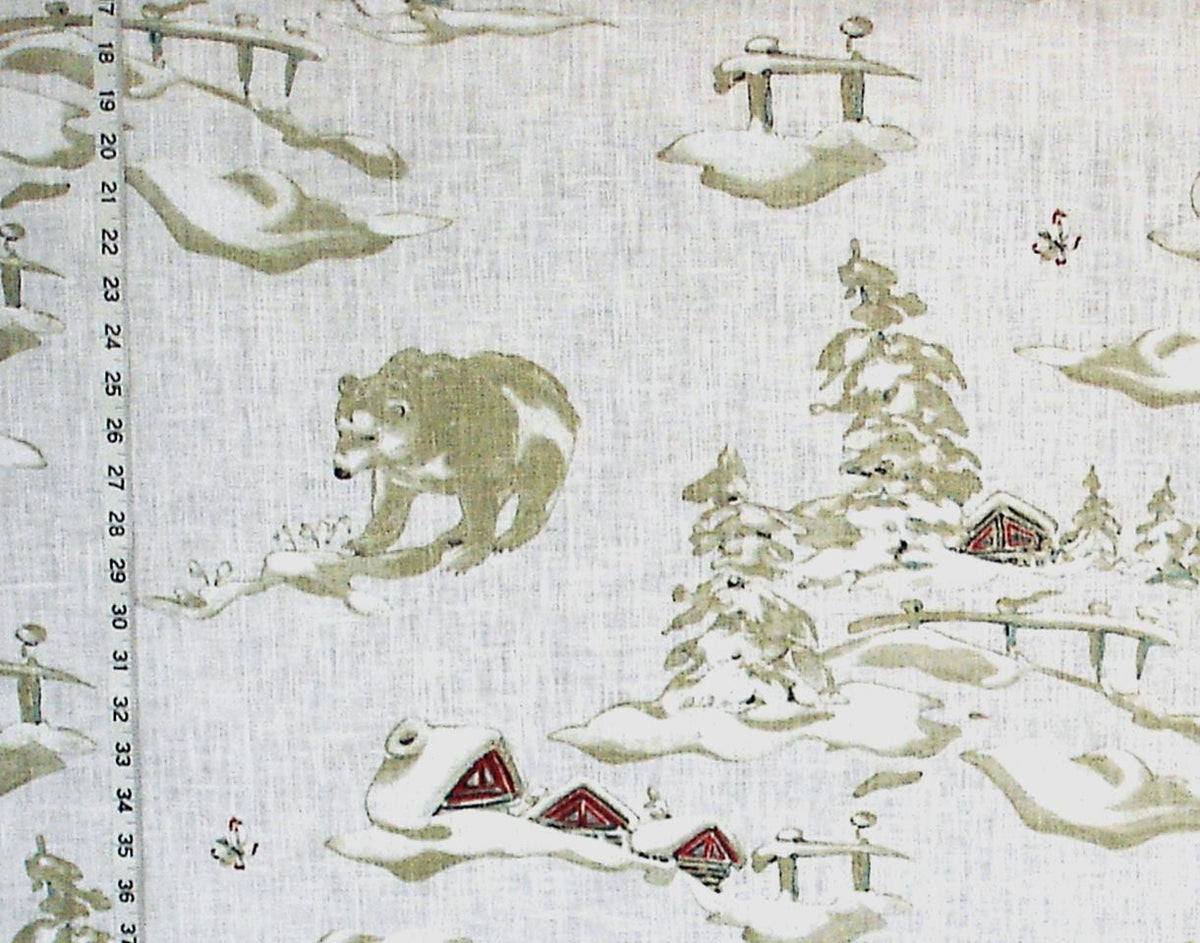 Winter Fabric Bear Snow Alpine Cabin Lodge Decor Linen White
