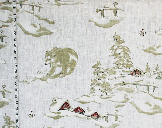 Winter Fabric Bear Snow Alpine Cabin Lodge Decor Linen White