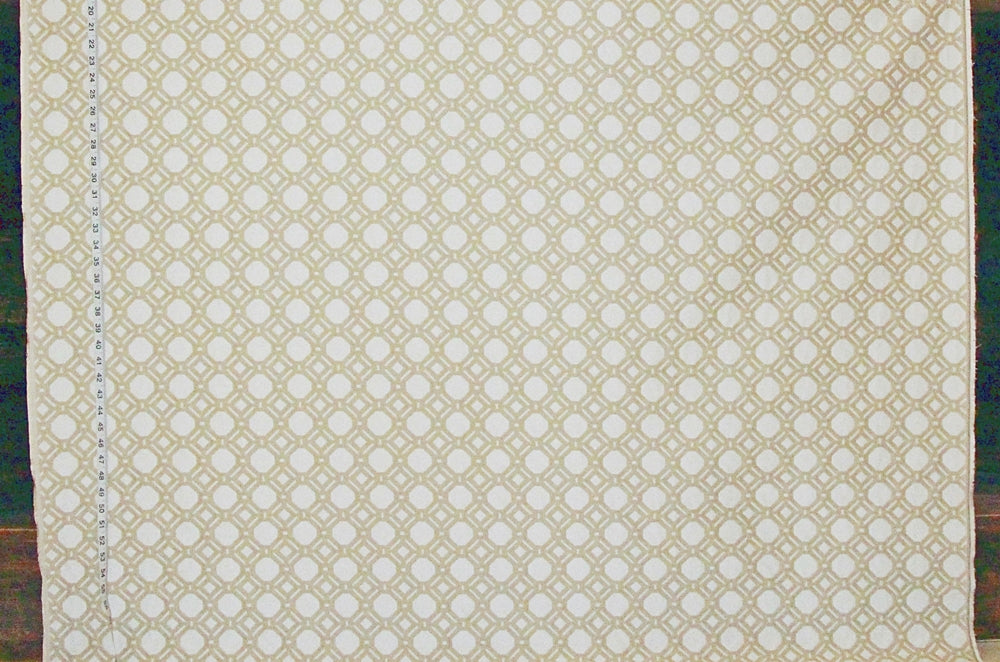 A close-up of a fabric or wallpaper pattern featuring a repeating beige and white geometric diamond lattice design with a vertical striped border on the left side.