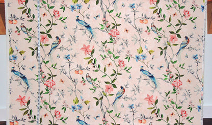 Pink bird garden fabric salmon peach floral