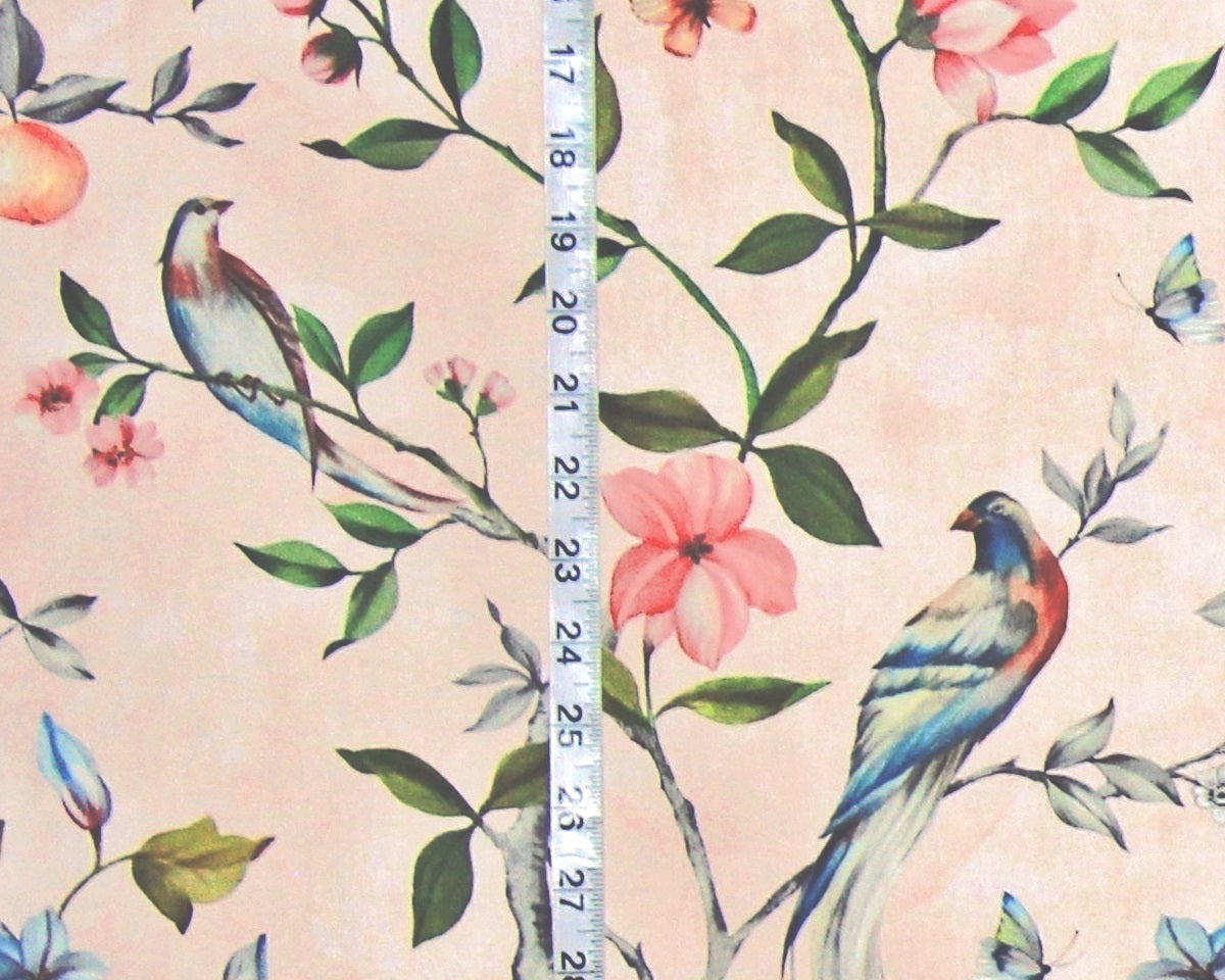 Pink bird garden fabric salmon peach floral