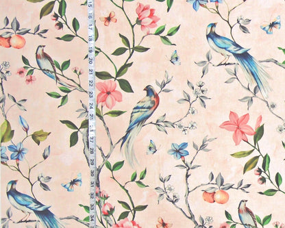 Pink bird garden fabric salmon peach floral
