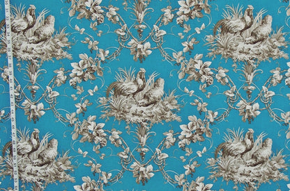 blue chicken fabric with vines and flowers