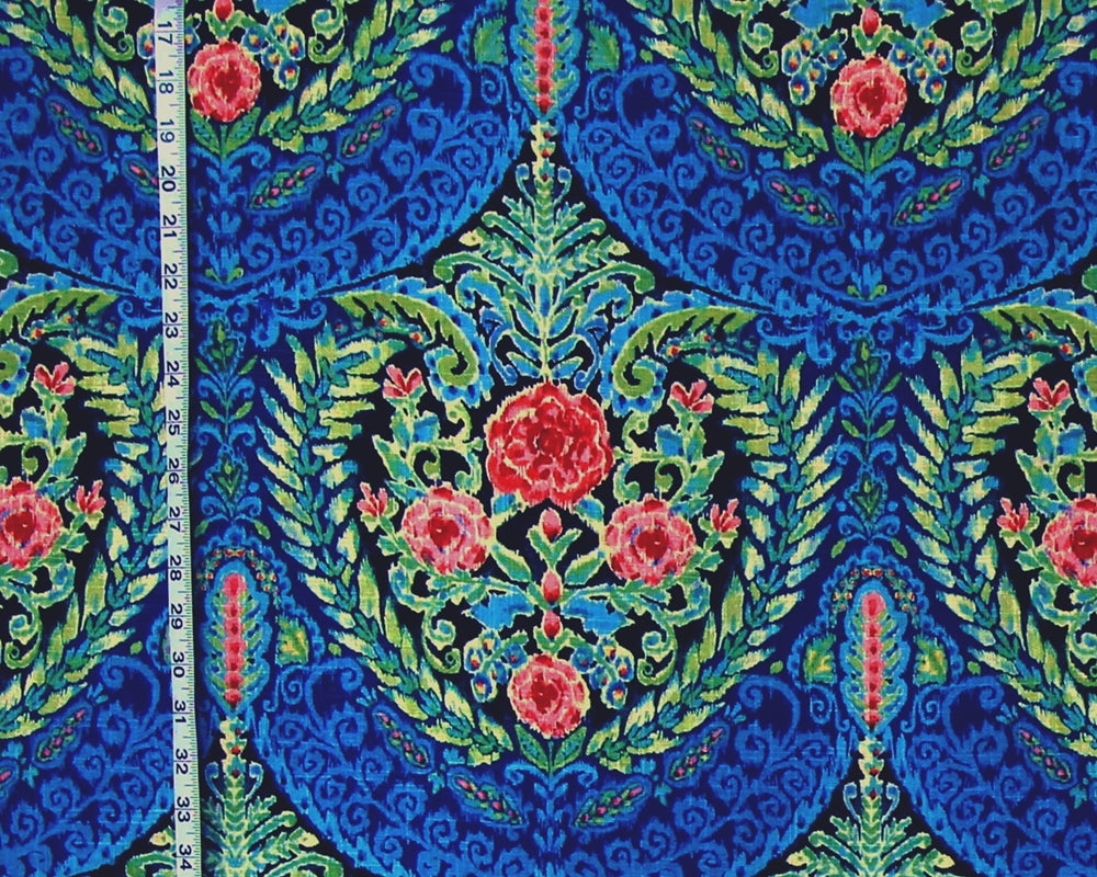 Blue floral medallion fabric rose watercolor black