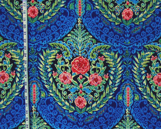 Blue floral medallion fabric rose watercolor black