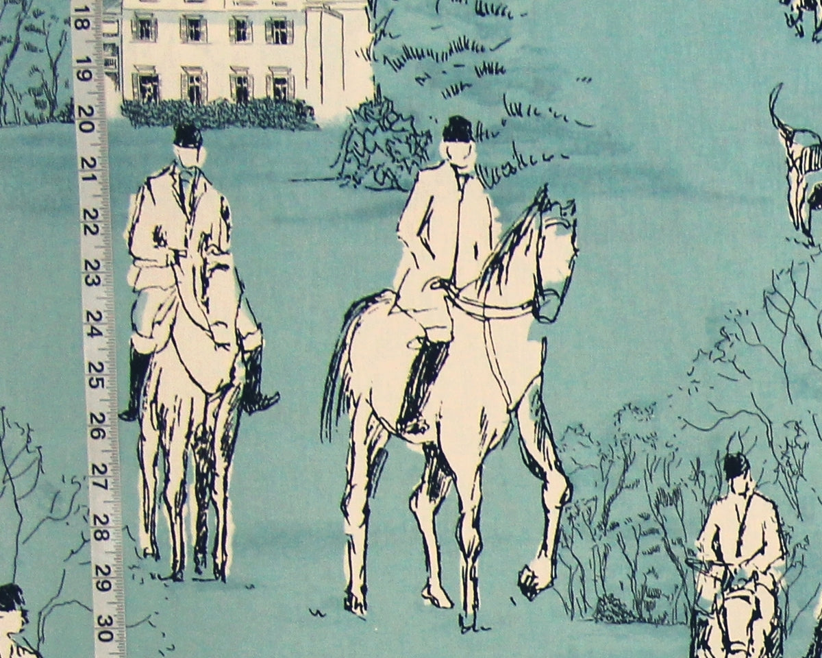 Horse Hunt Fabric - Equestrian, Hounds, Modern Toile, Blue