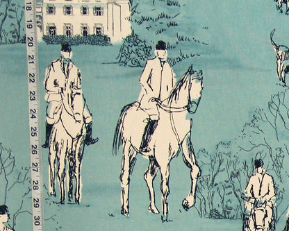 Horse Hunt Fabric - Equestrian, Hounds, Modern Toile, Blue
