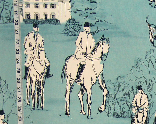 Horse Hunt Fabric - Equestrian, Hounds, Modern Toile, Blue