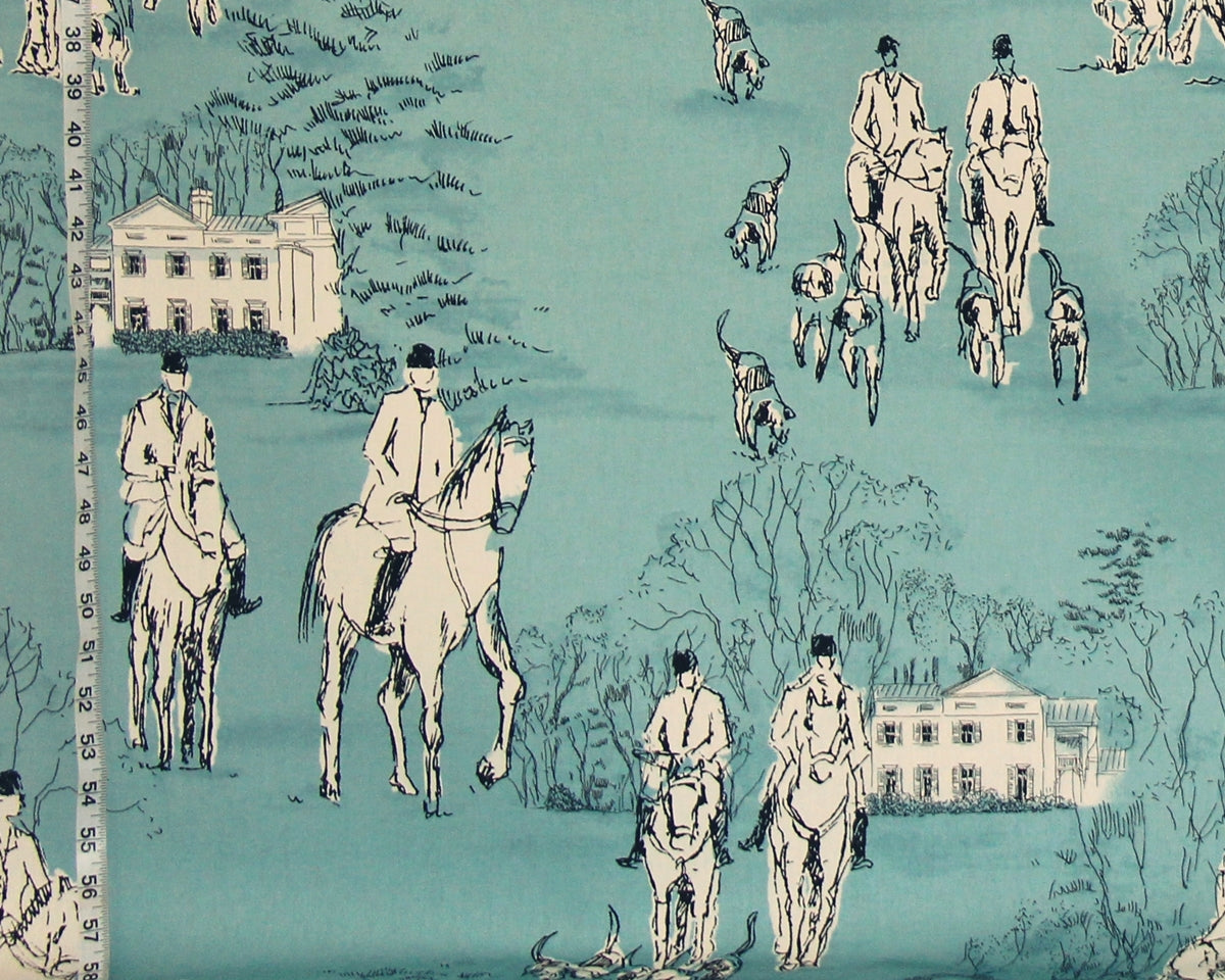 Horse Hunt Fabric - Equestrian, Hounds, Modern Toile, Blue