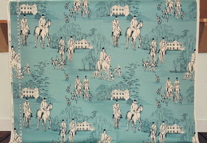 Horse Hunt Fabric - Equestrian, Hounds, Modern Toile, Blue