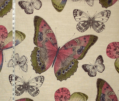 Butterfly Fabric Toile Pink Green Blue Linen
