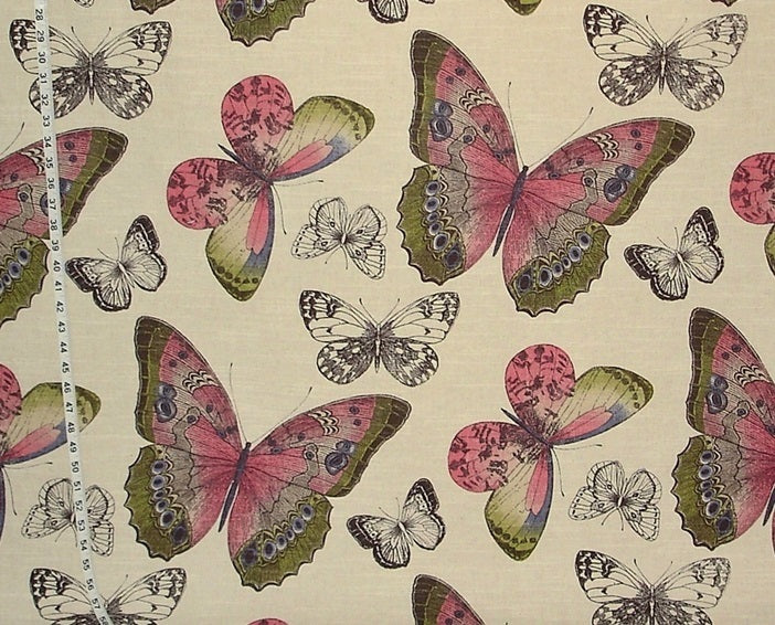 Butterfly Fabric Toile Pink Green Blue Linen
