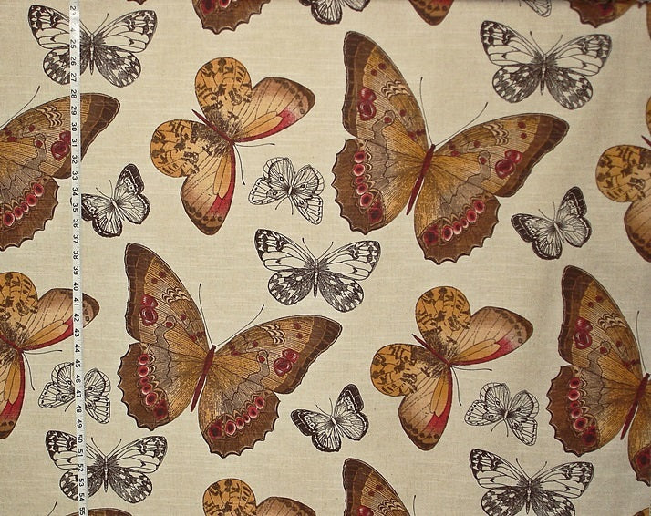 Butterfly Fabric Toile Fall Orange Brown Linen