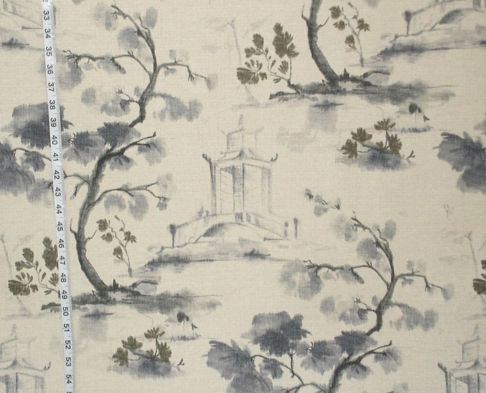 Oriental Toile Fabric Charcoal Ink Wash Painting Literati Pagoda