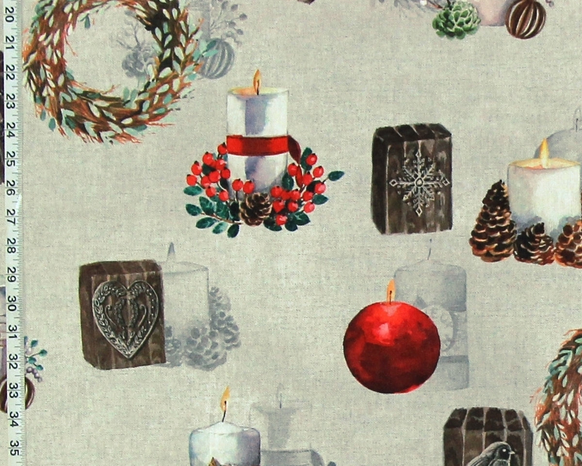 Winter Christmas holiday fabric candles wreaths hearts chalet cabin lodge decor.