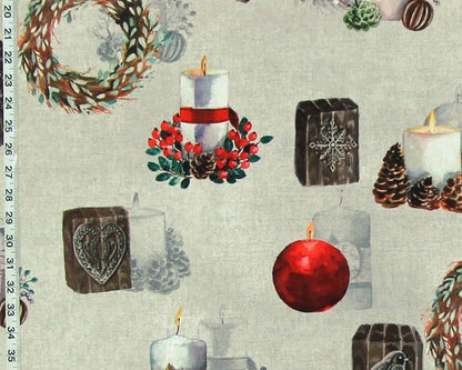 Winter Christmas holiday fabric candles wreaths hearts chalet cabin lodge decor.