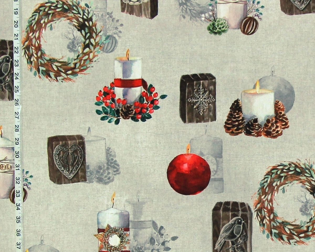 Winter Christmas holiday fabric candles wreaths hearts chalet cabin lodge decor.