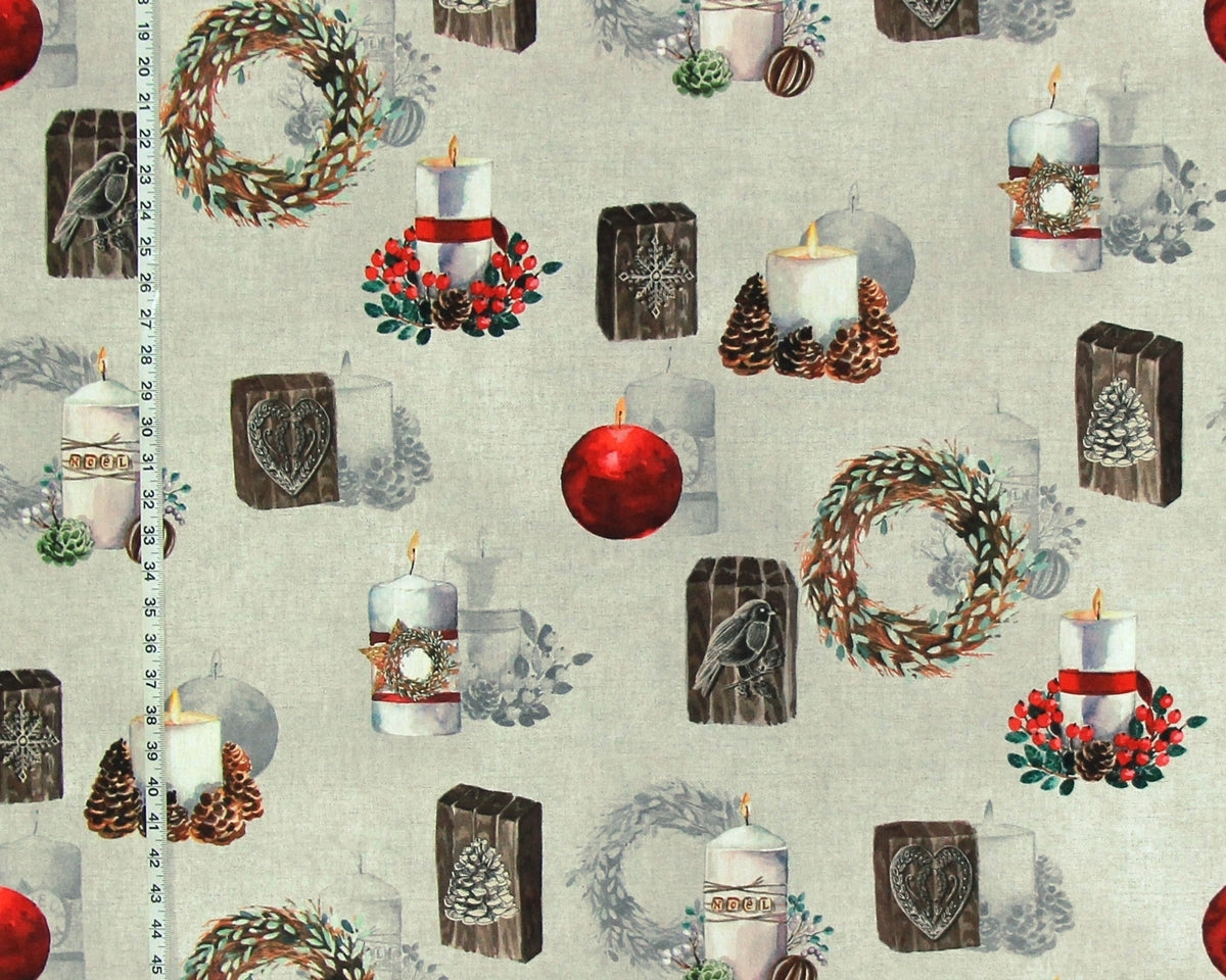 Winter Christmas holiday fabric candles wreaths hearts chalet cabin lodge decor.