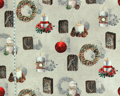 Winter Christmas holiday fabric candles wreaths hearts chalet cabin lodge decor.