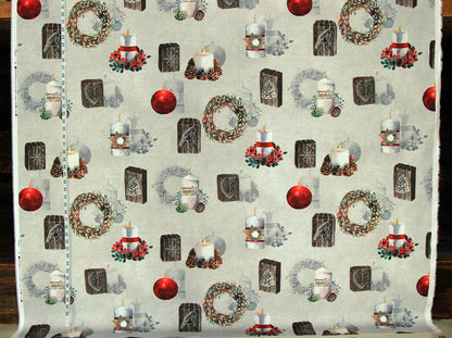 Winter Christmas holiday fabric candles wreaths hearts chalet cabin lodge decor.