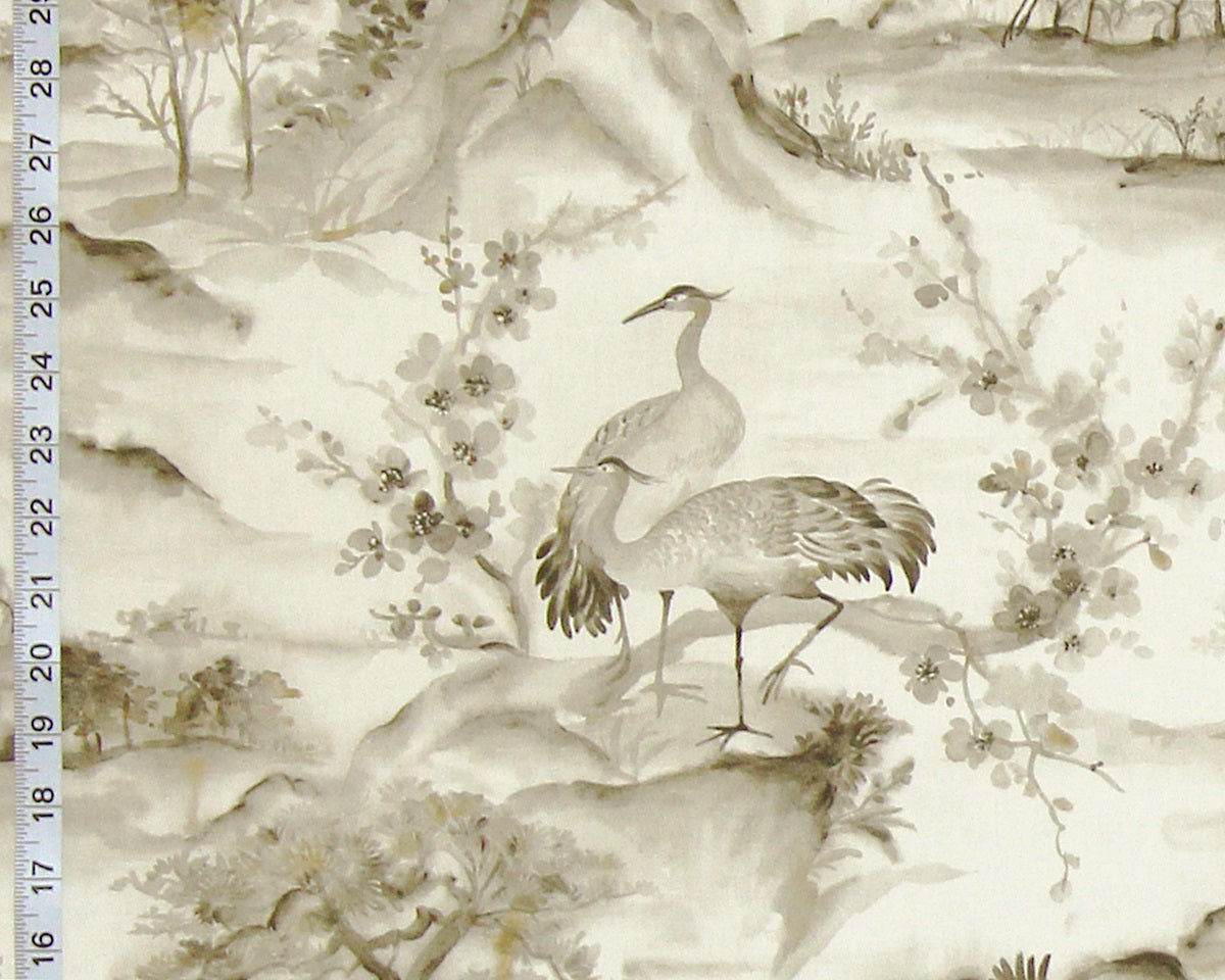 Grey brown crane chinoiserie fabric Asian toile mountain