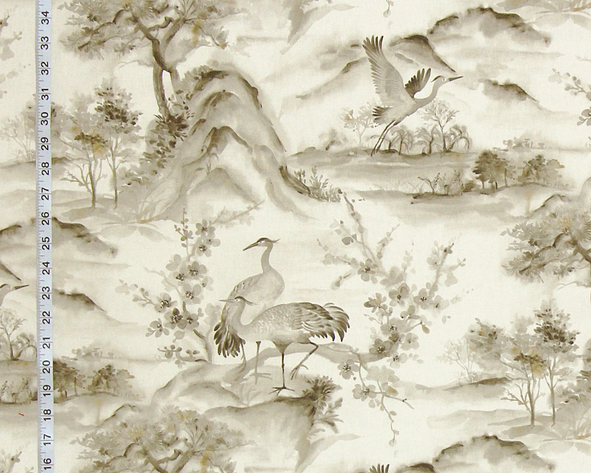 Grey brown crane chinoiserie fabric Asian toile mountain