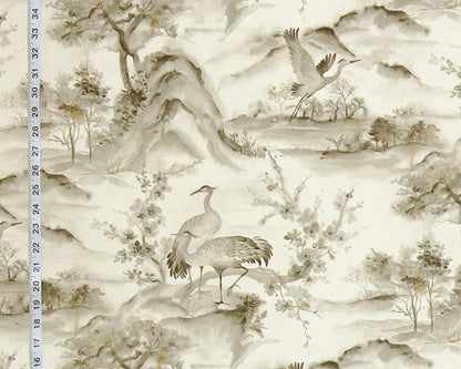 Grey brown crane chinoiserie fabric Asian toile mountain